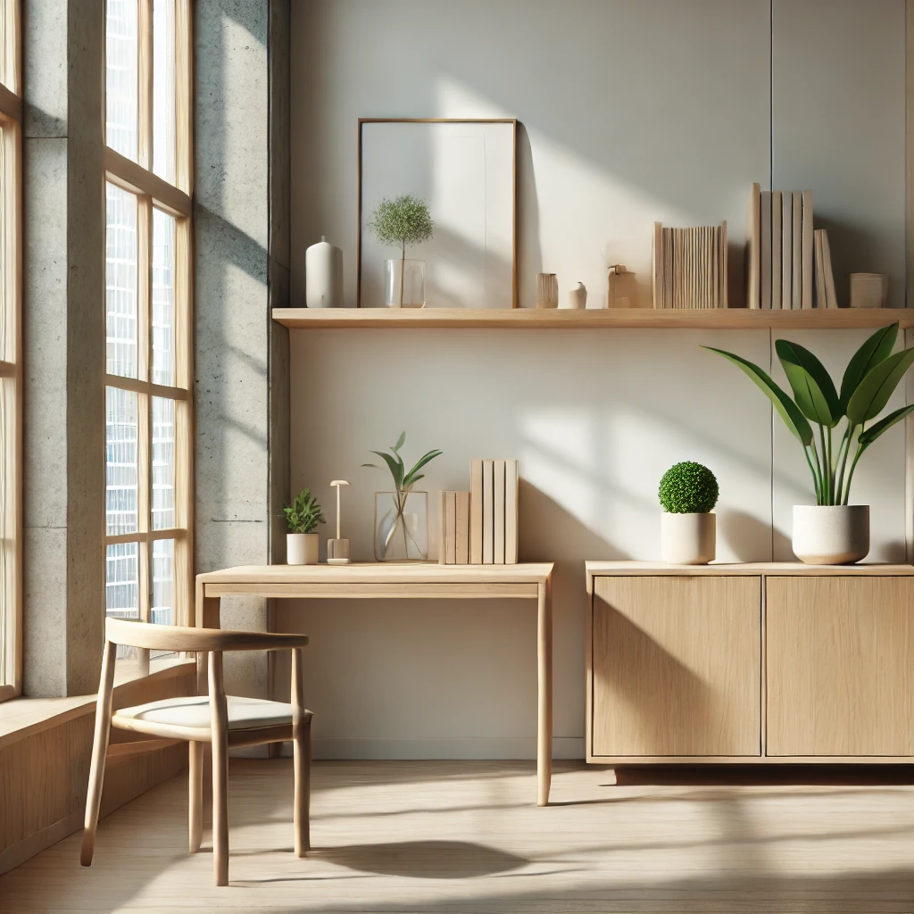 Salon épuré avec mobilier minimaliste et lumière naturelle ntérieur minimaliste avec meubles en bois clair, grandes fenêtres, et plante verte.