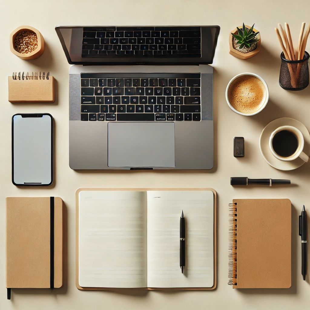 Bureau minimaliste et organisé avec des éléments essentiels Vue de dessus d’un bureau minimaliste avec un carnet, un ordinateur portable et une tasse de café.