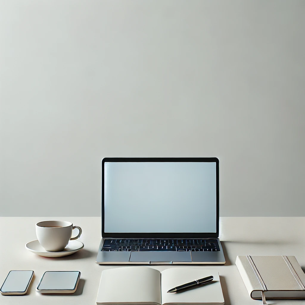 Bureau épuré et minimaliste pour un travail efficace Bureau minimaliste avec un ordinateur portable, un carnet et une tasse de café.