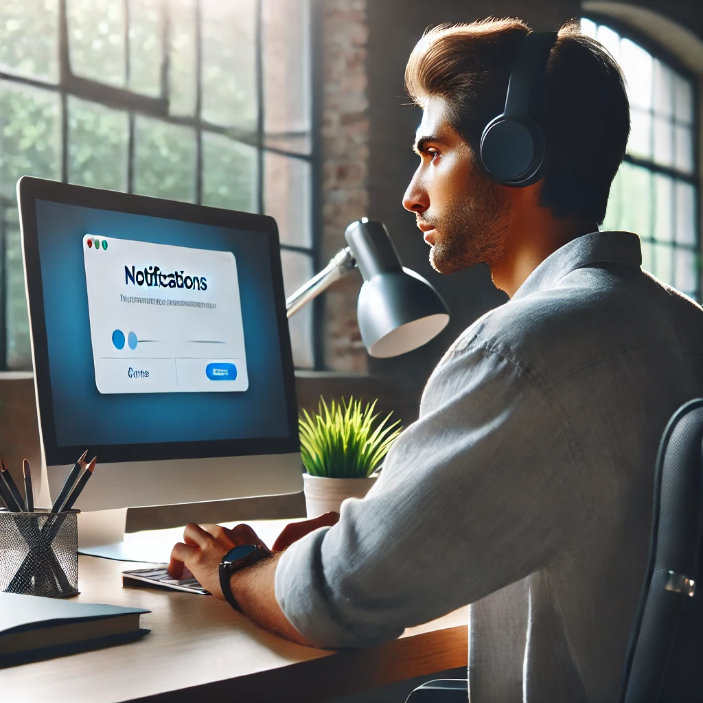 Concentration maximale grâce à la réduction des interruptions Travailleur concentré dans un environnement sans interruptions avec notifications désactivées.