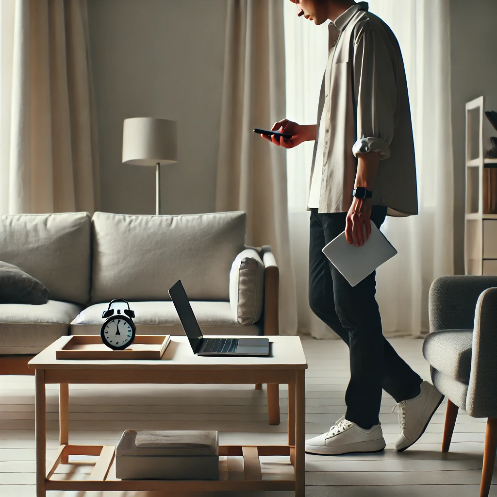 DALL·E 2024-09-11 17.26.23 - A person in a minimalist living room, putting away their laptop and turning off their phone after work. The environment is clean and simple, with ligh Famille dans un salon minimaliste, en train de faire des tâches ménagères ensemble.